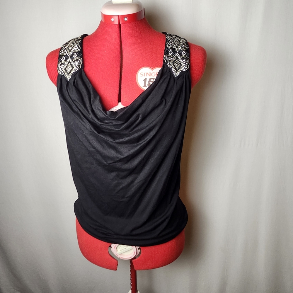White House Black Market Black Cowl Neck  Sleeveless Top w Silver Embellishments